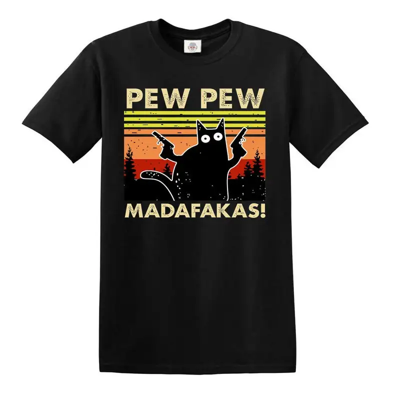 

PEW PEW MADAFAKAS Vintage Funny T-Shirt Cat Retro Kitten Xmas Gift Men's