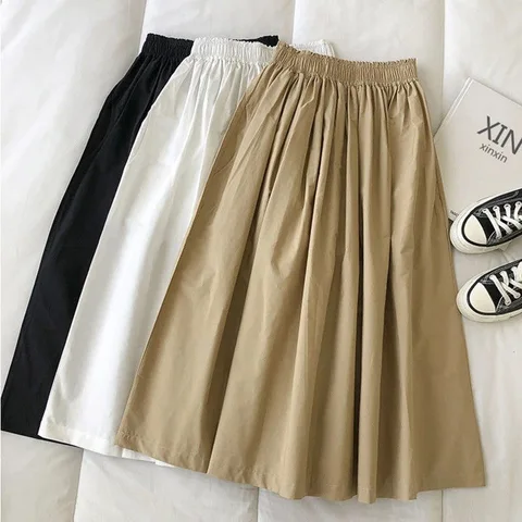 2023 Spring Summer Women Skirts Fashion Female Vintage Solid Elastic High Waist Casual Maxi Skirts Long A-line Skirts