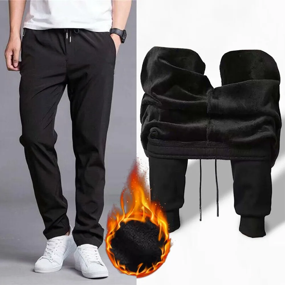

Mens Winter Warm Stretch Thermal Trousers Solid Color Casual Pants Men Slight Elastic Straight Full Length Formal Trouser