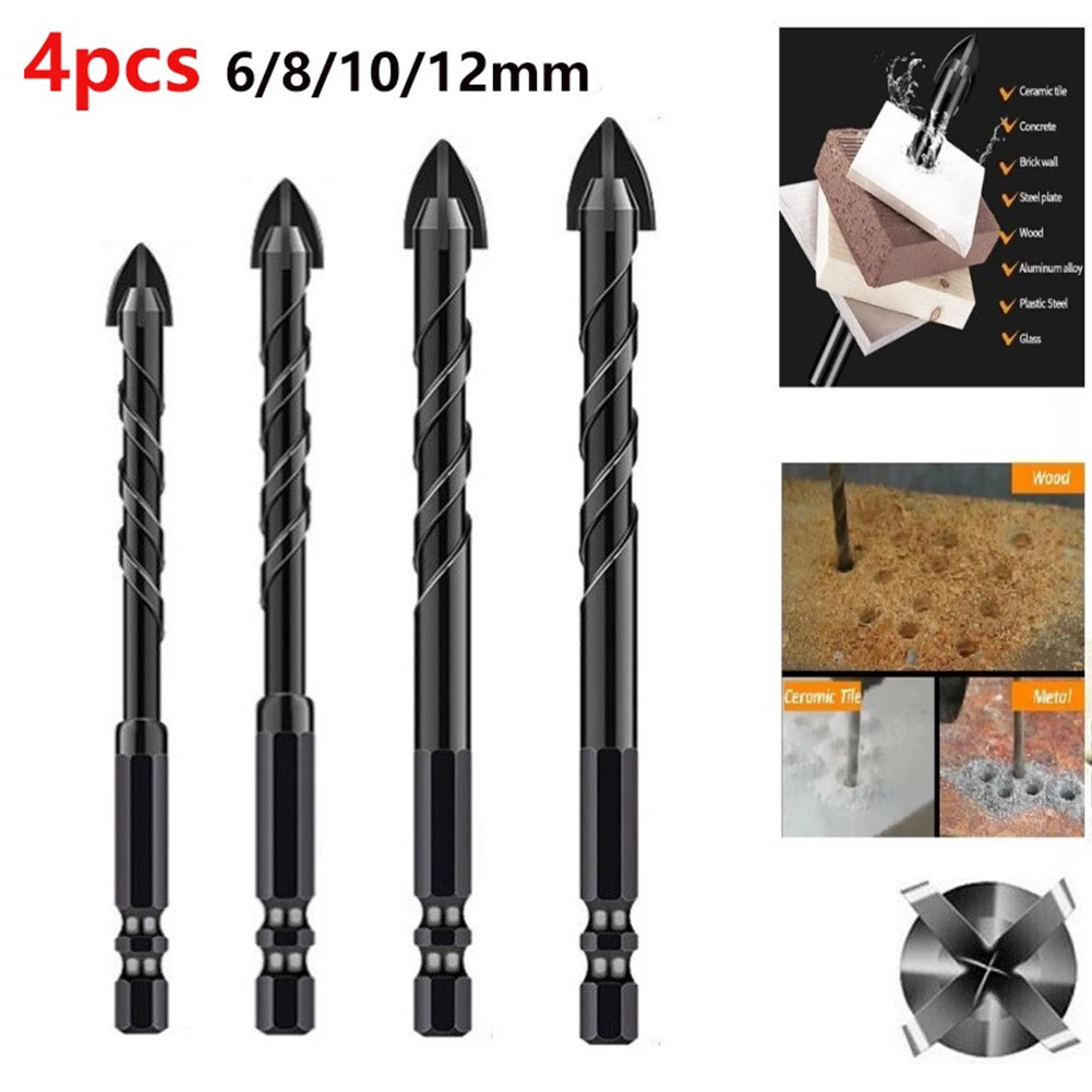

4pcs Cross Tile Drill Bits Set Stone Glass Ceramic Concrete Drill Bits Hex Shank Cross Spear Head Hole Opener For Metal Wood