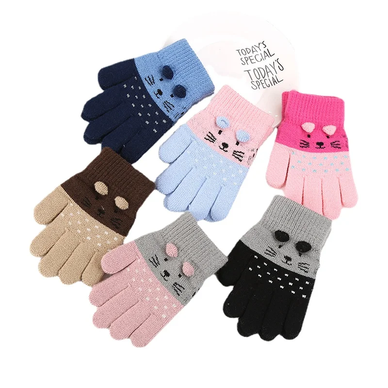 

Cute Cartoon Cat Kids Gloves Winter Thick Knit Boys Girls Split Finger Gloves For Children Keep Warm Gloves Baby 3-7 Years Old