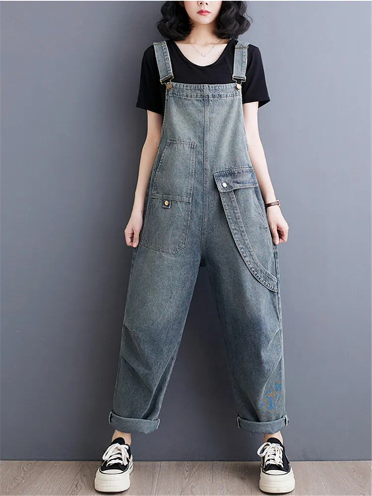 Женский джинсовый комбинезон в стиле ретро Модный с диагональными карманами