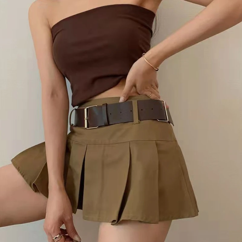 Saia Plissada de Cintura Média Feminina Minissatela Linha a Saia com Cinto Calção Interno Estilo Preppy Garota da Escola Slim Verão 2 Online shopping