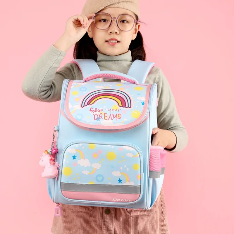 Lovely Girls Princess Rainbow Fashion Large Backpacks New Children Boys Students Grades 1-3 Schoolbags with Unicorn Pendant Hot