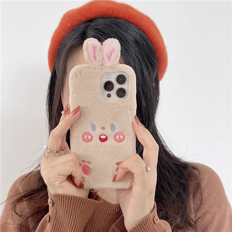 Милый 3D плюшевый чехол для телефона с кроличьими ушками iPhone 12 11 Pro Max 13 Mini X XR XS 7 8 Plus