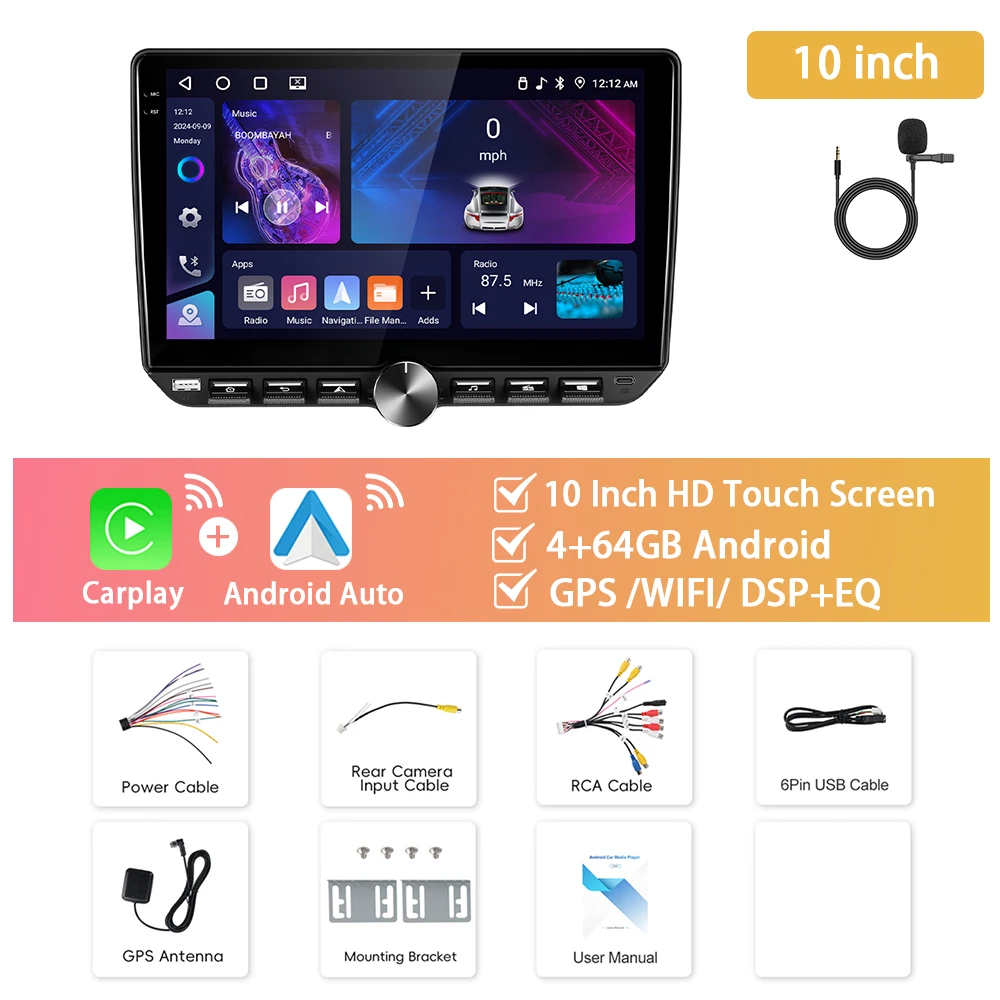 

Podofo Универсальная 10-дюймовая автомобильная стереосистема 4 + 64G Автомобильная интеллектуальная мультимедийная Wi-Fi GPS-навигация Carplay Android Auto Piano Key Car Audio