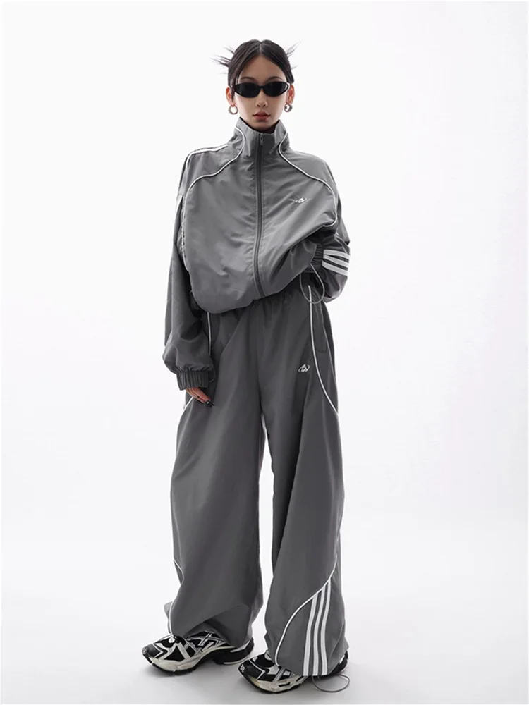 

Deeptown Y2K Gray Pant Sets Women Gorpcore Streetwear Track Pants Oversized Vintage Striped Jacket Korean Hip Hop Two Piece Set