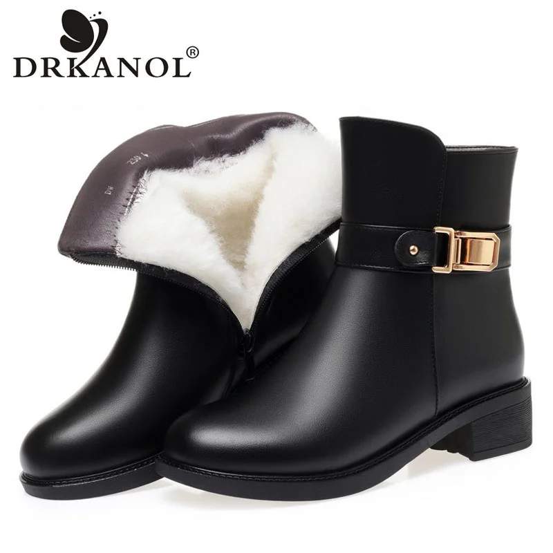 

DRKANOL 2023 Women Shearling Boots Winter Natural Wool Square Heel Warm Short Ankle Boots For Women Casual Leather Cotton Boots