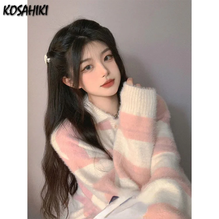 

2023 Sweet Preppy Vintage Striped Sweater Women Jumper Y2k Tops Loose Casual Knitted Korean Aesthetic Pull Femme Harajuku Sueter