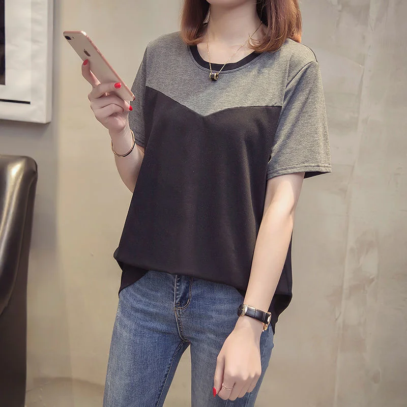 

Summer Cotton Simple T-shirt Women Clothing Loose Short Sleeve Patchwork Tshirt Female Oversize Tops Round Neck