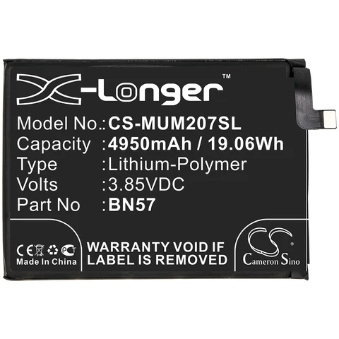 Литий-полимерный аккумулятор CS BN57 3,85 В/4950 мАч для Poco X3 NFC, M2007J20CG