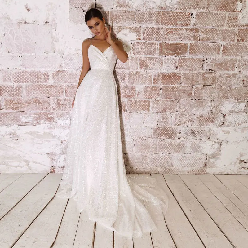 

Женское блестящее свадебное платье GUXQD, ТРАПЕЦИЕВИДНОЕ ПЛАТЬЕ на тонких бретельках с блестками и V-образным вырезом, бальное платье для невесты