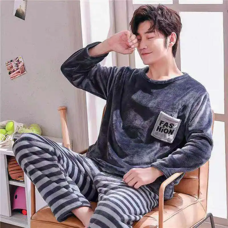 Men's pajamas winter plus velvet thickened flannel warm autumn and winter coral fleece suit home service plus size 2022