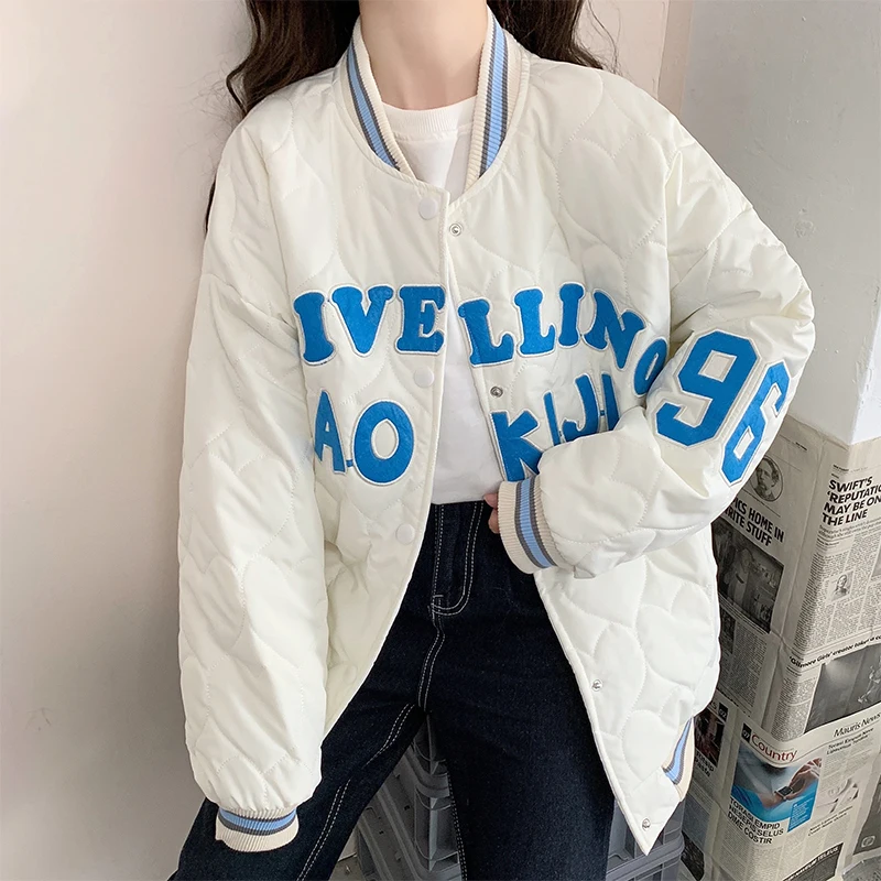 Winter American Street Baseball Uniform Warm Oversized Jacket Detachable Hat Harajuku Retro Letter Embroidery Fashion Coat Woman