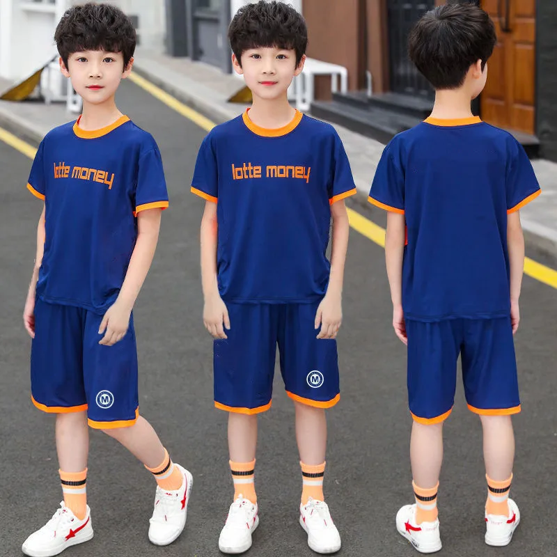 

Спортивный костюм для мальчиков с короткими рукавами, топ из двух предметов с короткими рукавами и шортами из вискозы, одежда для бега и бас...