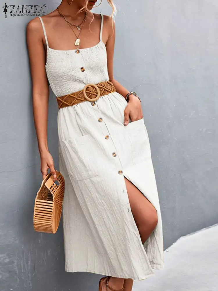 

Женское платье-рубашка, сексуальное летнее миди-платье без рукавов 2022, повседневное однотонное хлопковое праздничное пляжное платье, вечер...