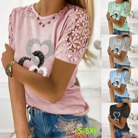 2022 summer womens new lace short sleeved t shirt ladies casual round neck love print t shirt large size loose pullover tops