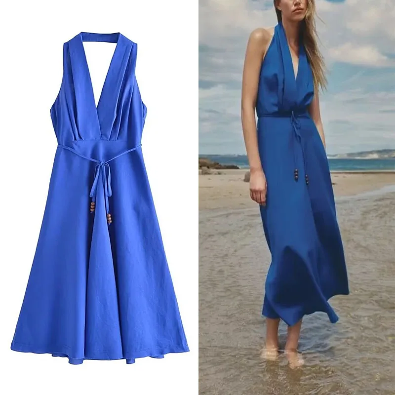 

TRAF Halter Midi Dress For Woman V neck Hanging Neck Dress Sexy Sleeveless Backless Dresses Elastic Beading Lace Up Female Dress
