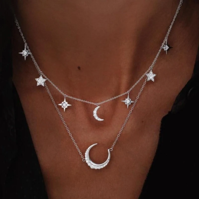

Женское винтажное Ожерелье Стразы, многослойное длинное ожерелье-чокер серебристого цвета с подвеской в виде звезды и Луны, подарочное оже...