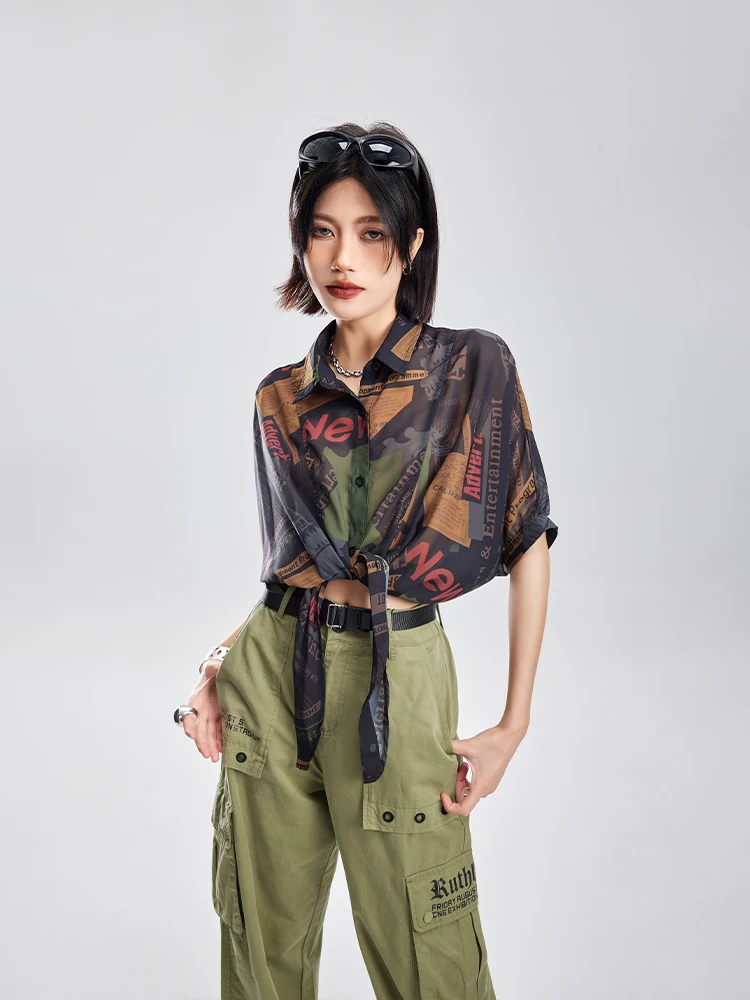 Tuogu Fashion Brand Short Strap Print Shirts Women Half Sleeve 2024 Summer New Design Sense Top |