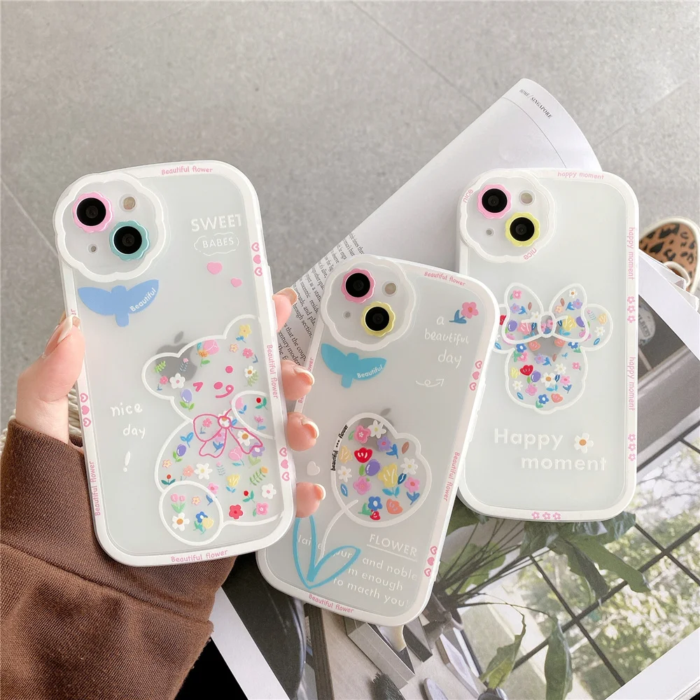 

Fashion Cartoon Flower Animal Matte Clear Phone Case For iPhone 11 12 13 Pro Max XS X XR Max Lovely Lens Protection Cover Coque