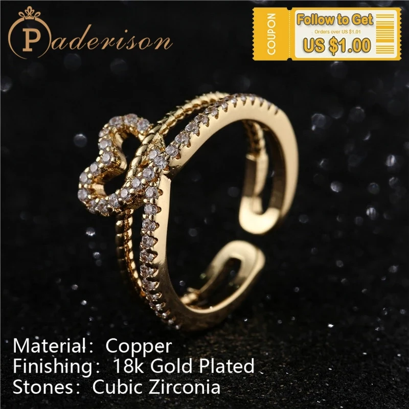 

Trendy Exquisite Irregular Geometric Heart Shape Opening Rings For Women Copper 18K Gold-Plating Zircon Adjustable Ring Gifts