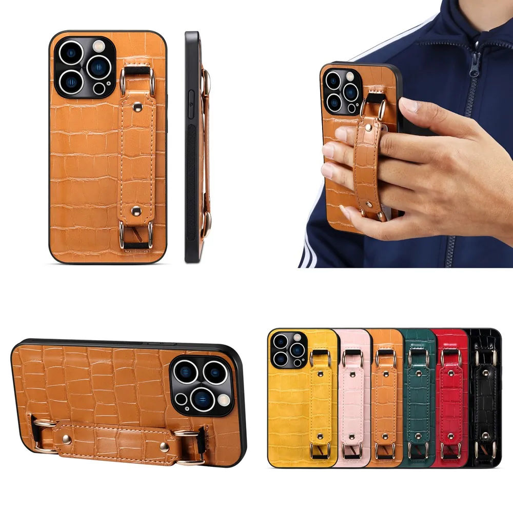 

Wide Wrist Strap Crocodile Leather Case For iPhone 14 Plus 13 12 Pro Max Wristband Stand Holder Card Slot Cover