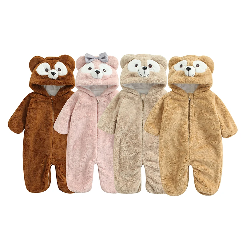 

2022 Baby Boys Girls Rompers Children's Jumpsuit Winter Plush Textured Cartoon Bear Design Hooded Long Sleeve Warm Romper Baby