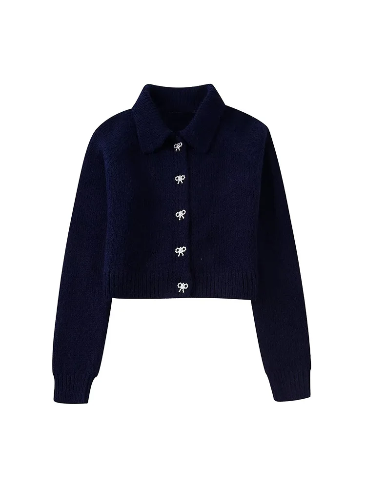

Women 2022 New Fashion Bow Buckle Decoration Knitting Cardigan Sweater Vintage Long Sleeve Female Outerwear Tops