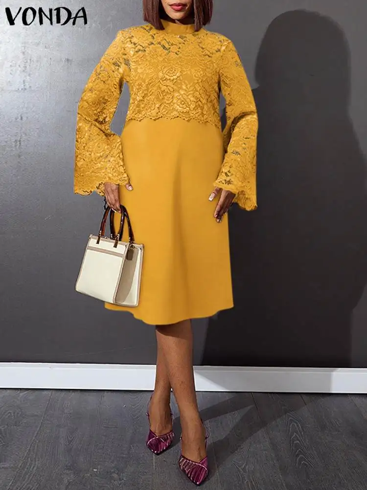 

VONDA Elegant Women Dress 2023 Summer Long Sleeve Casual Midi Robe Stand Collar Lace Patchwork Loose Evening Party Sundress