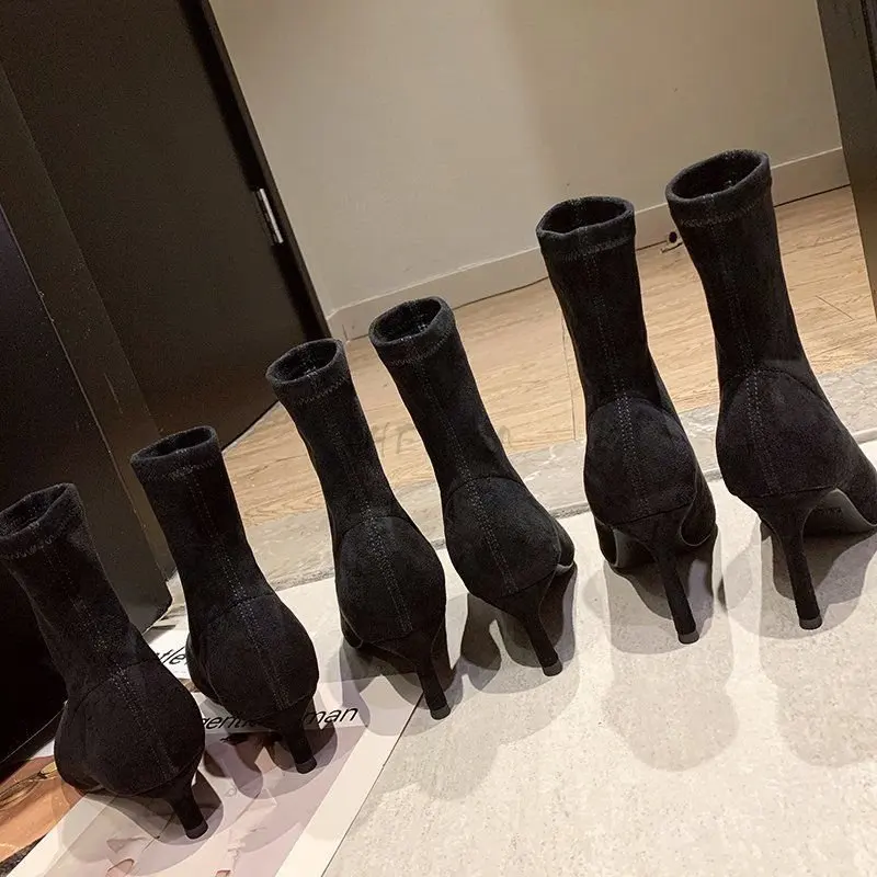 Socks Boots Women Stretch Fabric Elastic Stilettos Heel Sexy Pointed Toe Ankle Boots Slip-On Shoes Woman Thin Heels Party Boats
