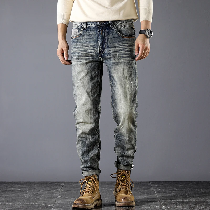 Мужские Стрейчевые джинсовые брюки облегающие для фитнеса в винтажном стиле
