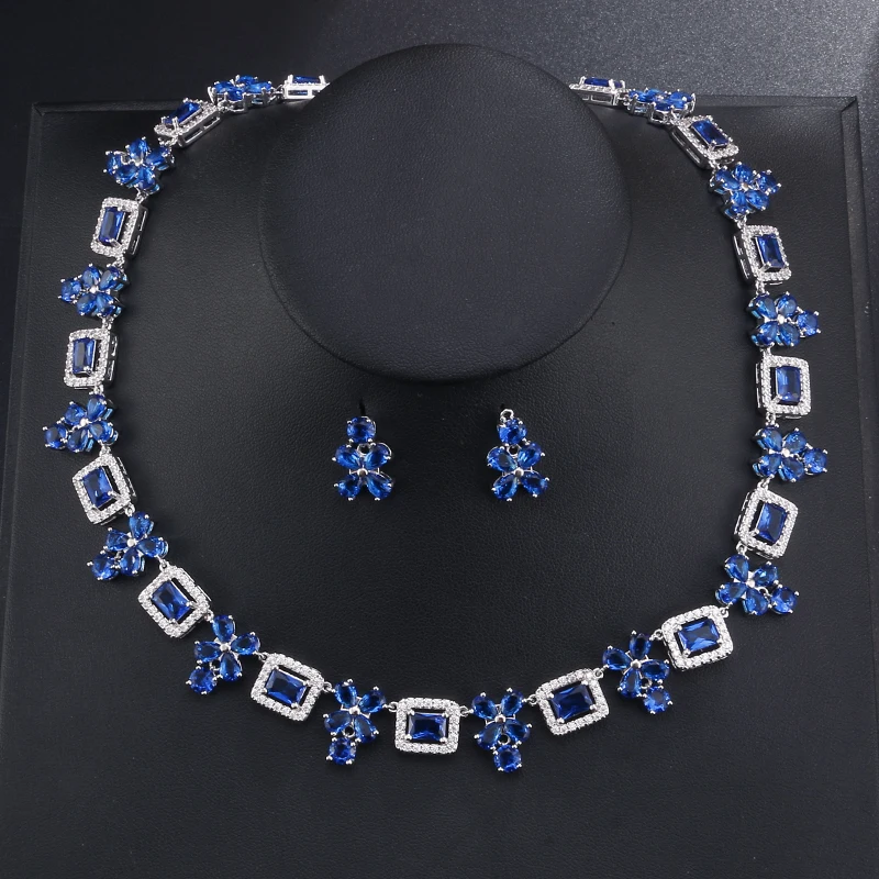 

RAKOL 2022 New Beautiful Blue Square Cubic Zirconia Necklace Earrings for Bridal Dress Accessories Fashion Women's Jewelry Sets