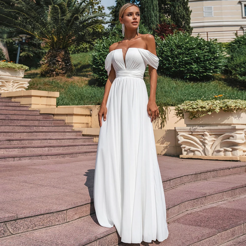 

Simple Off Shoulder Wedding Dresses for Women Chiffon A-Line Sweep Train Sweetheart Bridal Gowns Lace Up Robe Mariage Femme