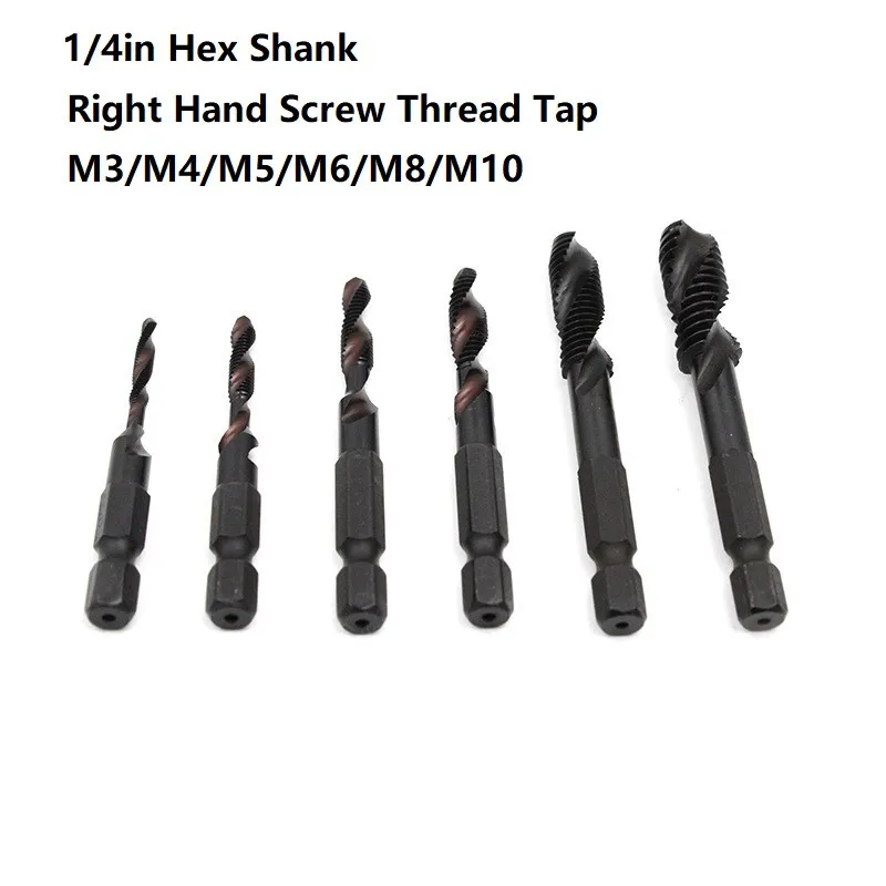 

6pcs 1/4in Hex Shank HSS Nitriding Coated Metric Spiral Flute Screw Thread Tap M3/M4/M5/M6/M8/M10 For Metal Wood Plastic Tapping