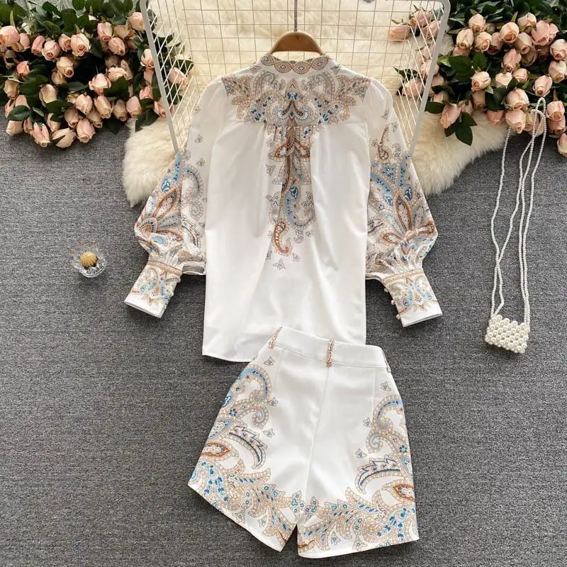 

Women's Shorts Suit Spring Feminine Printed Shirt Top Wide Leg Shorts Two Piece Set 2022 Oversized Women's Clothes