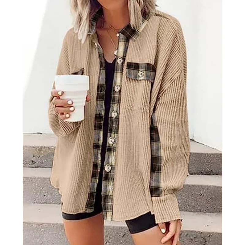 Осенний клетчатый однобортный Кардиган рубашка женская с нагрудным карманом и