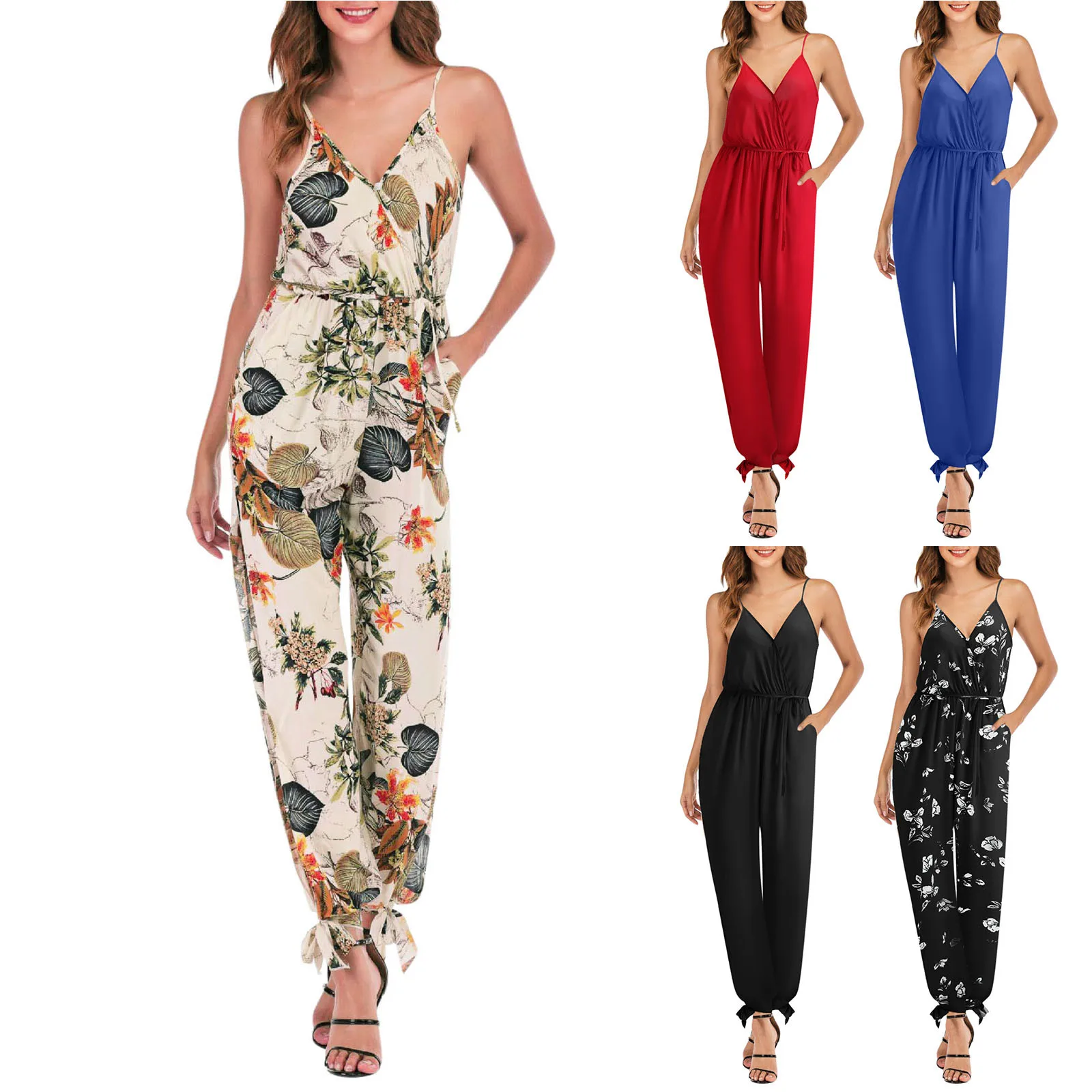 

Womens Sexy V Neck Spaghetti Straps Drawstring Waist Jumpsuit With Pockets Combinaison Femme