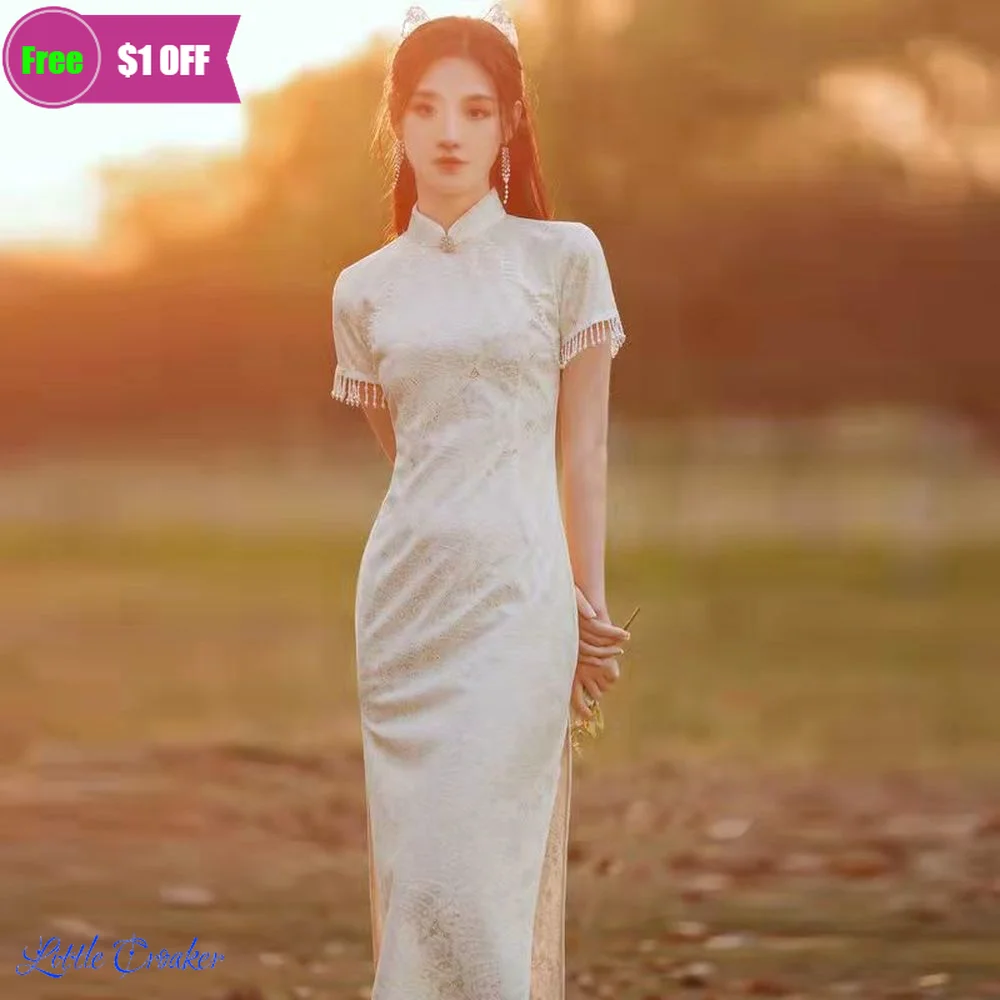 

White Lady Classical Diagonal Qipao Elegant Side Split Applique Beads Chinese Dresses Show Cheongsam Long Formal Prom Gown