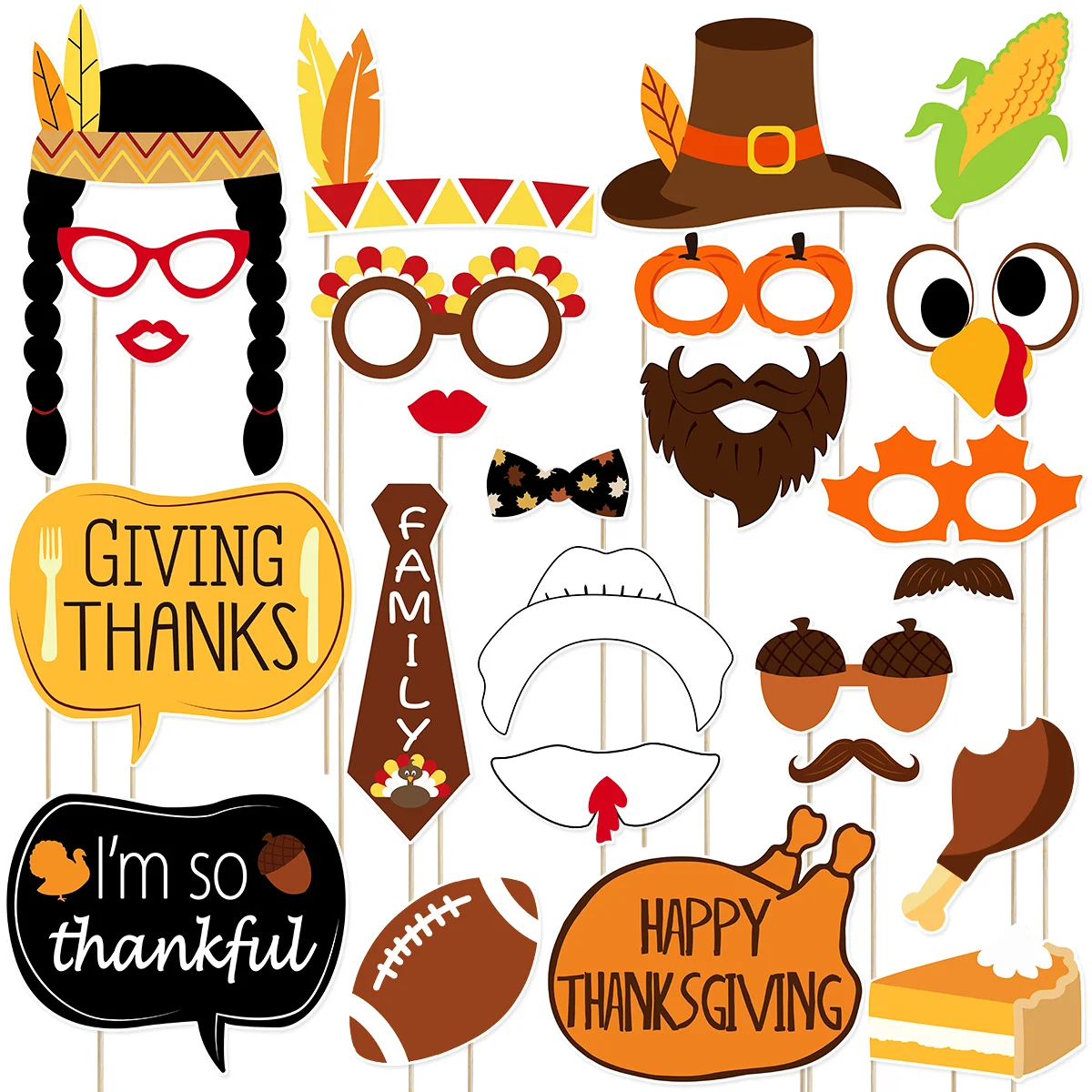 

25PCS Mustache Beautiful Thanksgiving Photo Props for Outdoor Events Celebrations Thanksgiving Parties