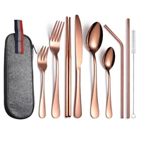 9pcs stainless steel silverware set straws chopsticks spoon and fork with case school travel camping portable cutlery set