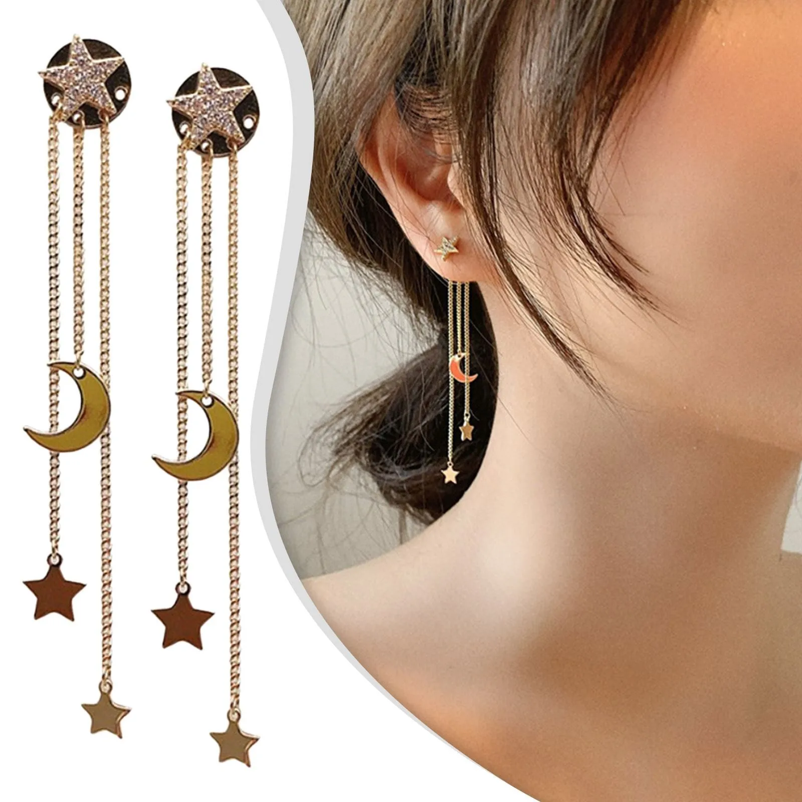 

Micro Diamond Temperament Luxury Star Moon Earrings Fringed Face Thin Stud Earrings Drop Earrings for Women Dangle
