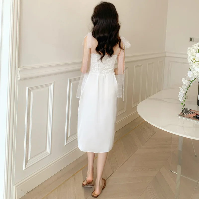 Palace Style Stain Pajamas for Women Nightwear Silk Nightgown  Lace Solid Sleeveless Loungewear Vestidos Suspenders Sleepdress