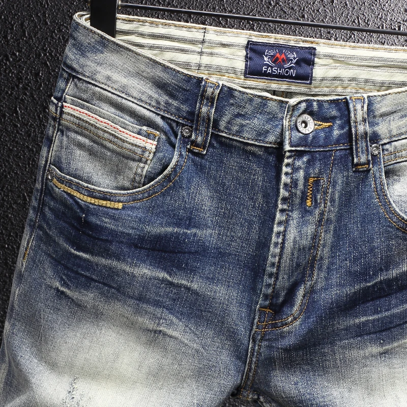 Newly Designer Fashion Men Jeans Retro Blue Elastic Stretch Slim Ripped Jeans Men Patchwork Vintage Casual Denim Pants Hombre