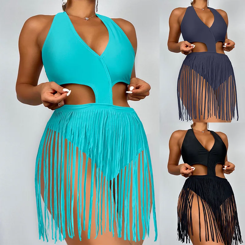

Bikini Summer Swimsuit 2022 New Solid Color Halter Neck Waistless One Piece Swimsuit Sexy Tassel Ins Style Beach Swimsuit