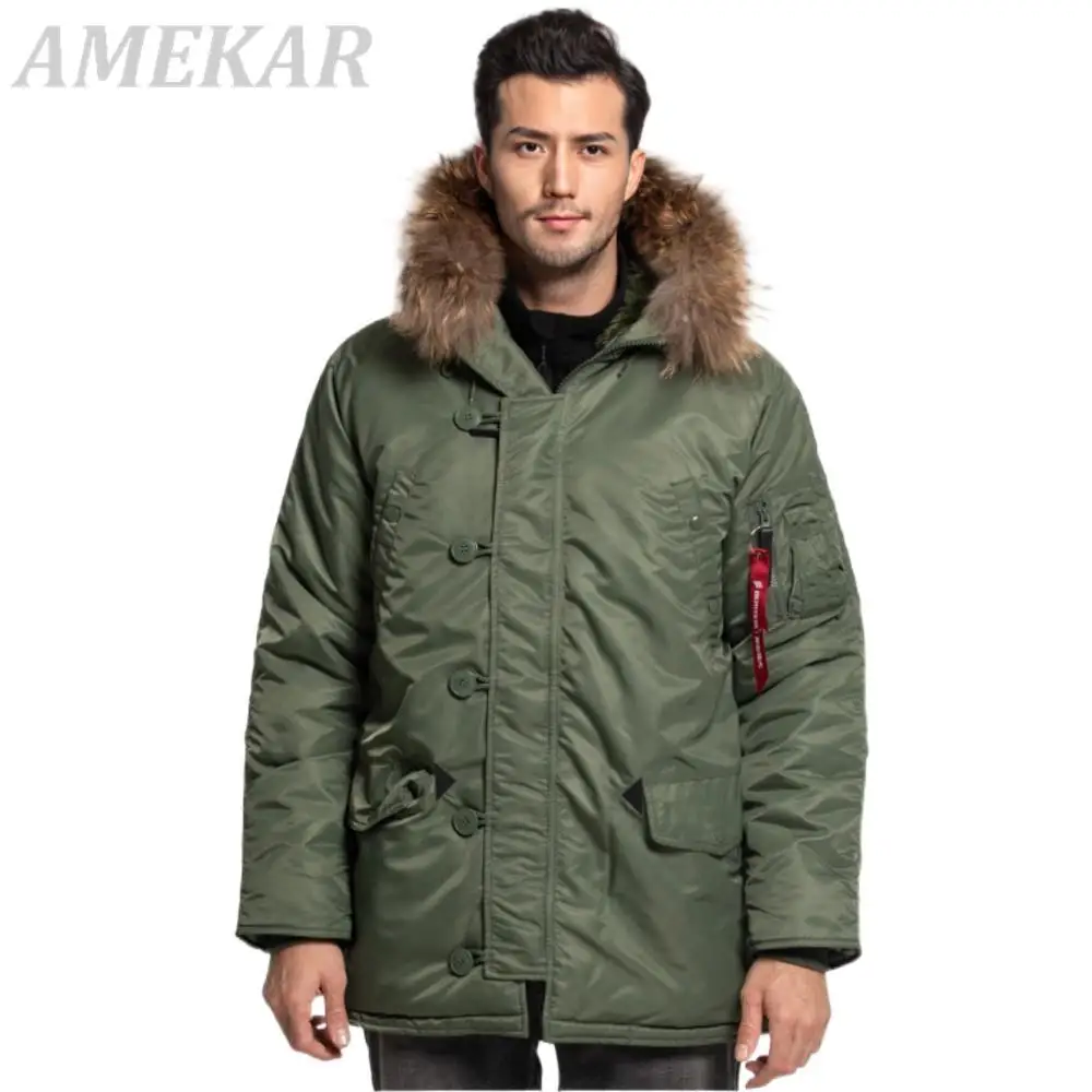 2022 Winter N3B Puffer Jacket Men Long Canada Coat Military Fur Hood Warm Trench Camouflage Tactical Bomber Army Korean Parka