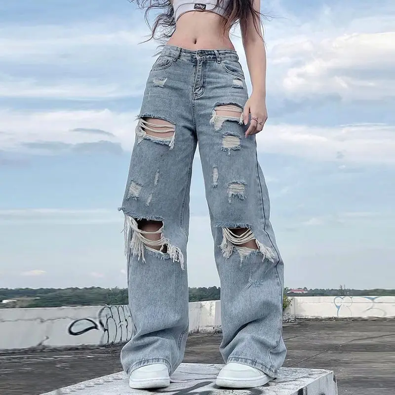 Streetwear Straight Pants Ladies Ripped Jeans Mid Waist Loose Wide Leg Pants Ladies Jeans Y2K Summer High Street Cargo Pants