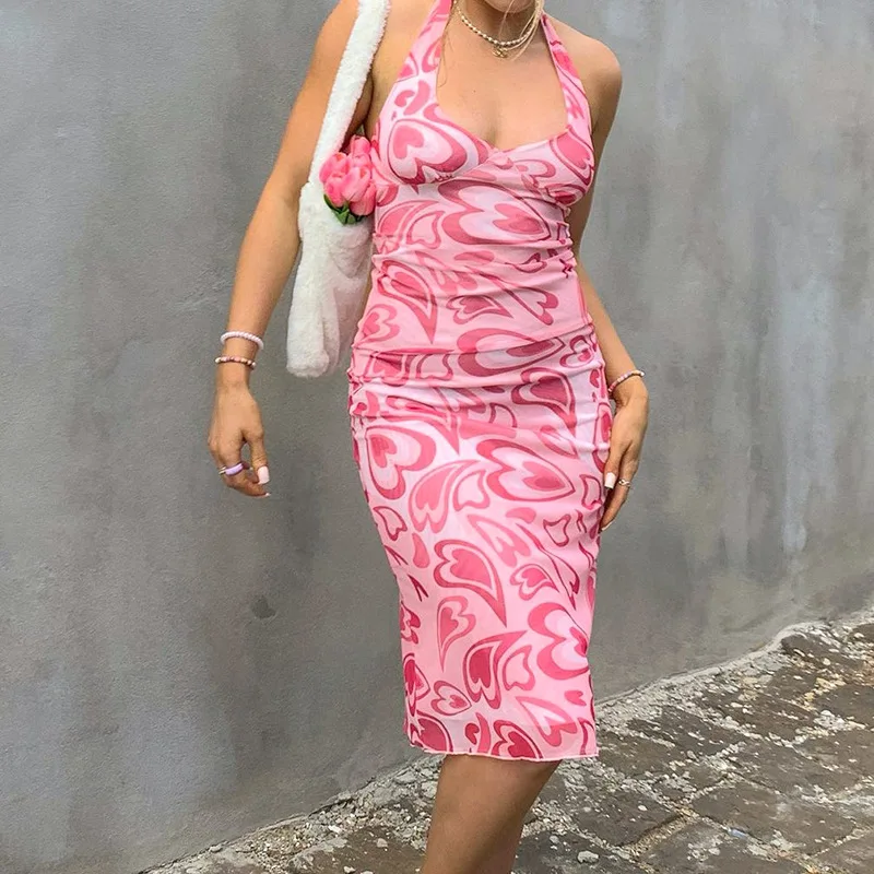 

Pink Heart Print Midi Bodycon Halter Dresses Women 2022 Summer 90s Y2k Kawaii Clothes Cute Backless Sundress Robe Dress Vestidos