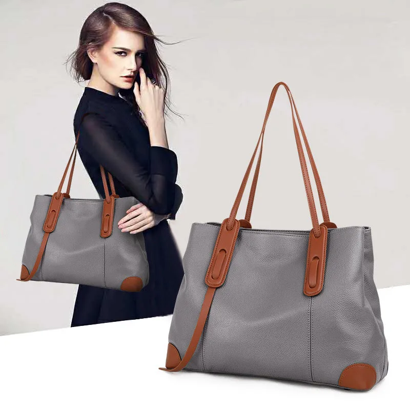 Fashion Women's Black Shopper With Zipper Large Capacity Contrasting Female Tote Bag Big Genuine Leather Ladies Shoulder Bags