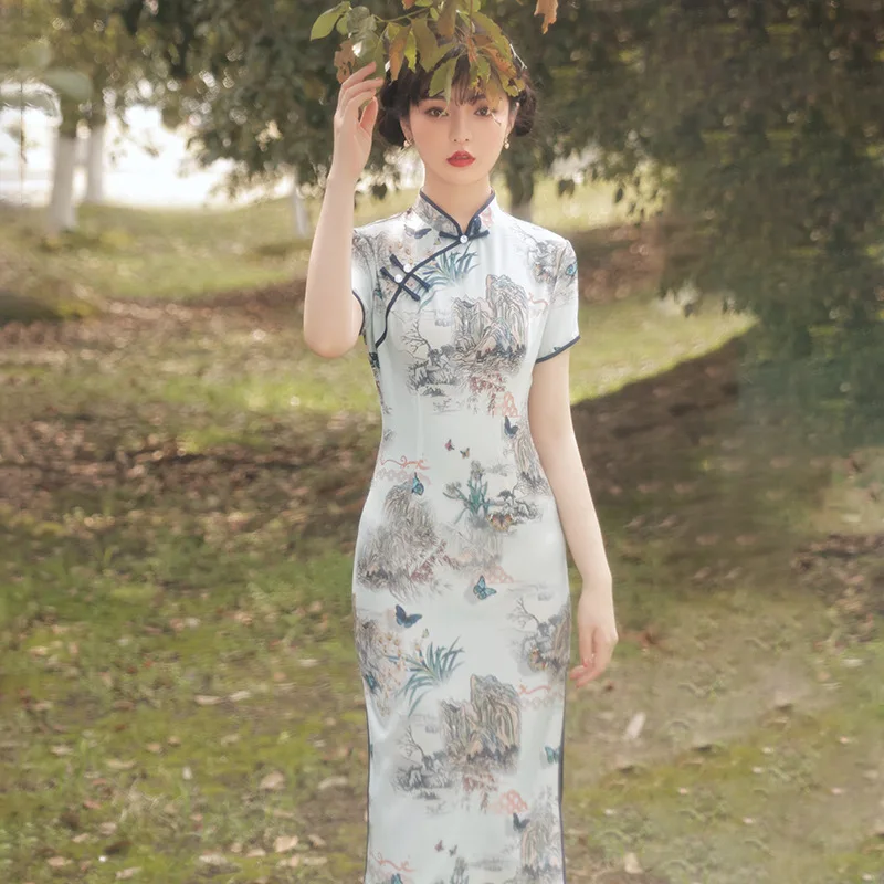 

Женское платье с цветочным принтом, зеленое приталенное платье в стиле ретро, с воротником-стойкой и разрезом сбоку, лето 2022